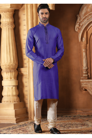 Blue Color Jute Jacquard And Poly Fabric Kurta Set